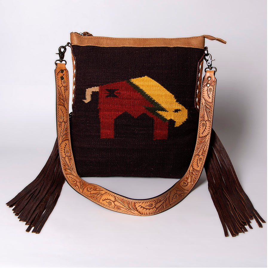 American Darling Cross body Bag Hand Woven Saddle Blanket Hand Tooled Western Leather Purse with Fringes 15in x 15in x 3in