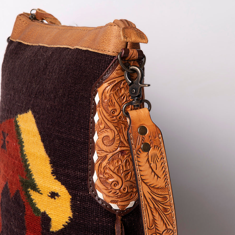 American Darling Cross body Bag Hand Woven Saddle Blanket Hand Tooled Western Leather Purse with Fringes 15in x 15in x 3in
