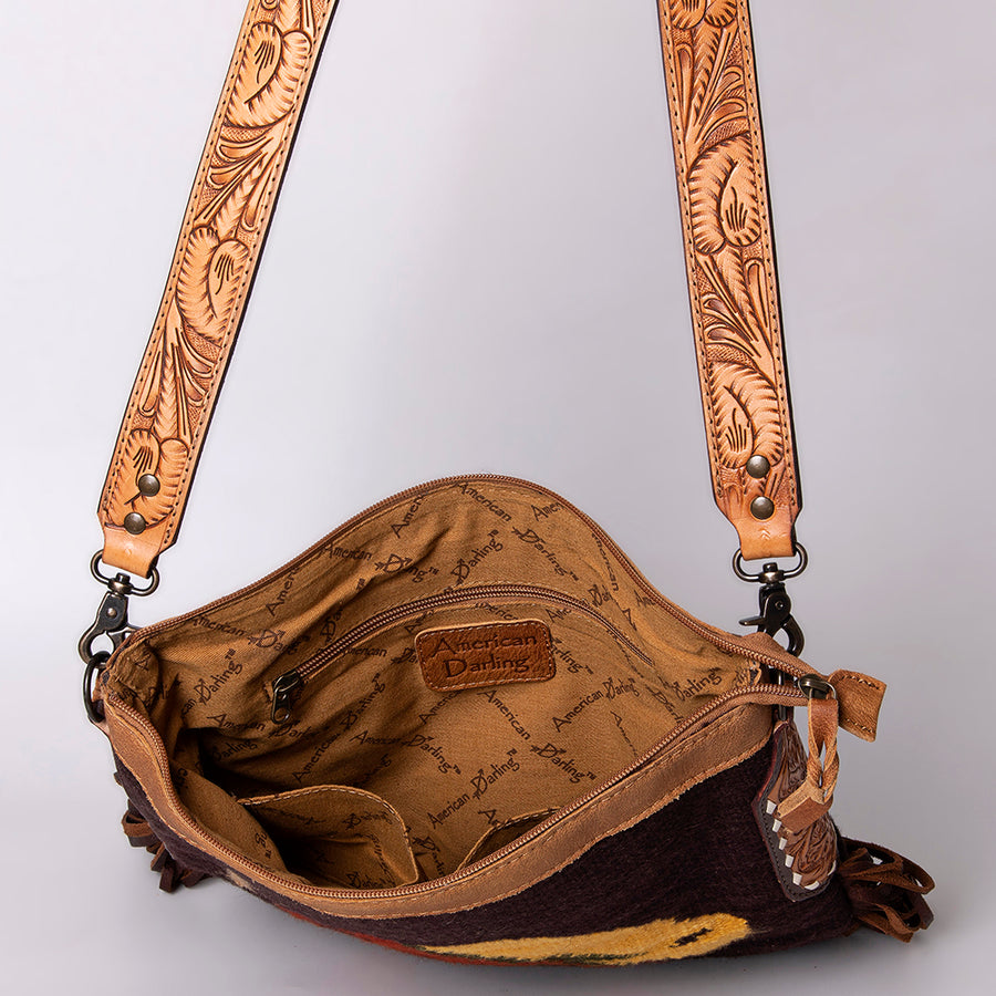 American Darling Cross body Bag Hand Woven Saddle Blanket Hand Tooled Western Leather Purse with Fringes 15in x 15in x 3in