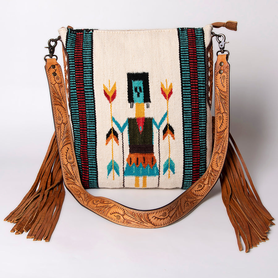 American Darling Cross body Bag Hand Woven Saddle Blanket Hand Tooled Western Leather Purse with Fringes 15in x 15in x 3in