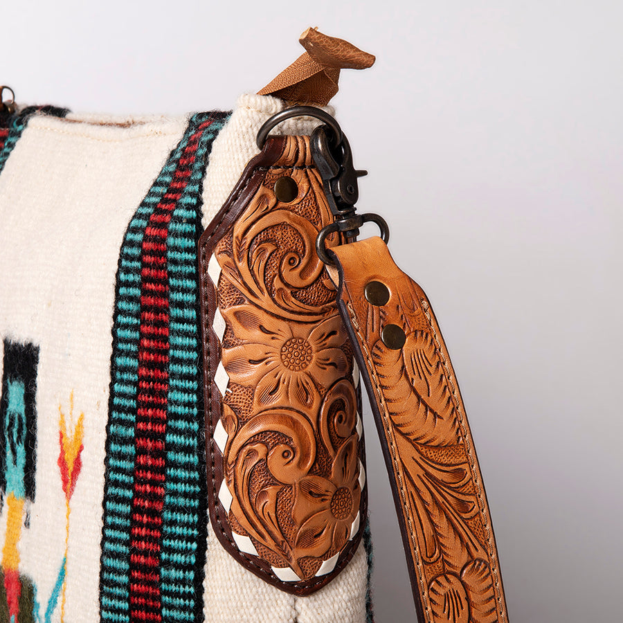 American Darling Cross body Bag Hand Woven Saddle Blanket Hand Tooled Western Leather Purse with Fringes 15in x 15in x 3in