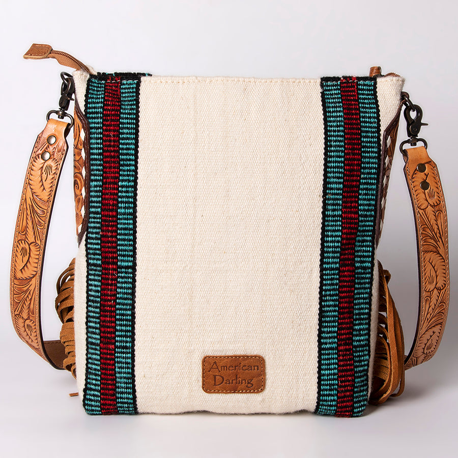 American Darling Cross body Bag Hand Woven Saddle Blanket Hand Tooled Western Leather Purse with Fringes 15in x 15in x 3in
