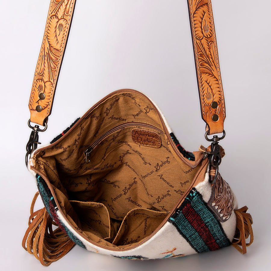 American Darling Cross body Bag Hand Woven Saddle Blanket Hand Tooled Western Leather Purse with Fringes 15in x 15in x 3in