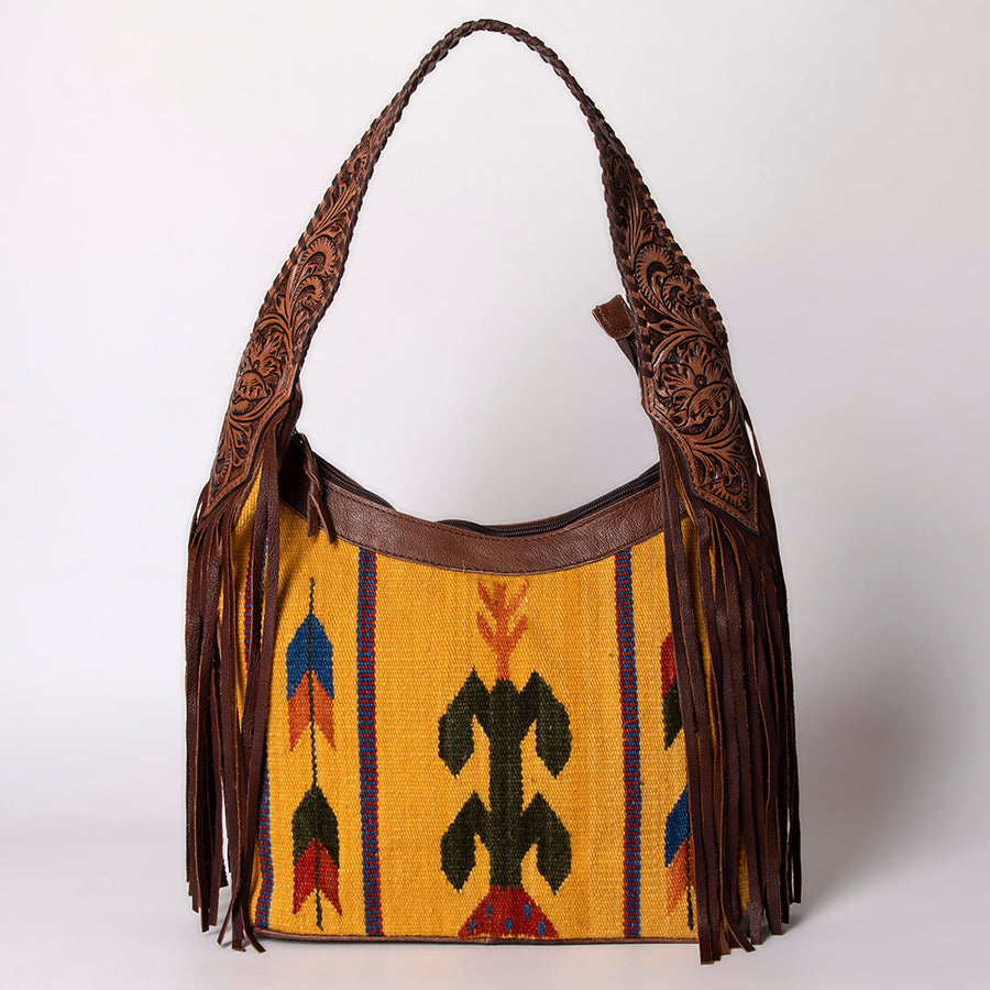 American Darling Hobo Bag for Women, Hand Tooled Floral Leather & Hair-On Cowhide Western Purse with Fringes & YKK Zipper