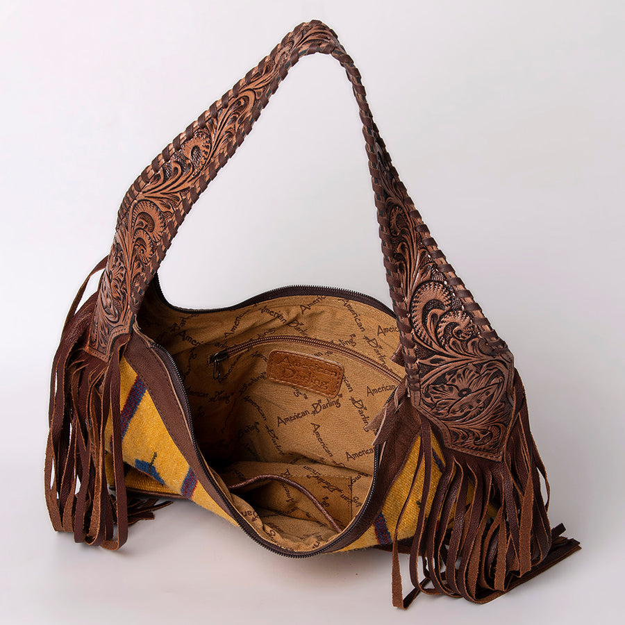 American Darling Hobo Bag for Women, Hand Tooled Floral Leather & Hair-On Cowhide Western Purse with Fringes & YKK Zipper