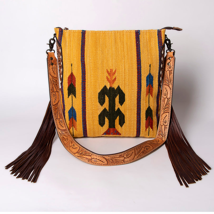 American Darling Cross body Bag Hand Woven Saddle Blanket Hand Tooled Western Leather Purse with Fringes 15in x 15in x 3in