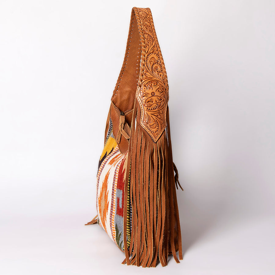 American Darling Cross body Bag Hand Woven Saddle Blanket Hand Tooled Western Leather Purse with Fringes 15in x 15in x 3in