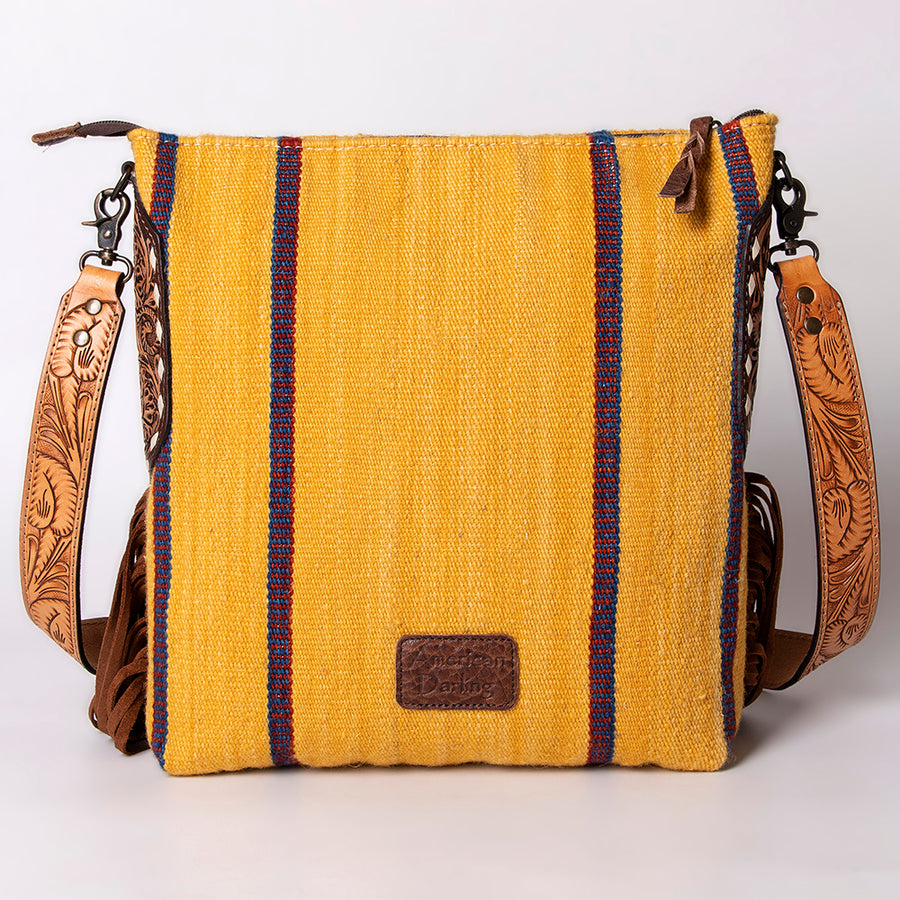 American Darling Cross body Bag Hand Woven Saddle Blanket Hand Tooled Western Leather Purse with Fringes 15in x 15in x 3in