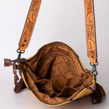 American Darling Cross body Bag Hand Woven Saddle Blanket Hand Tooled Western Leather Purse with Fringes 15in x 15in x 3in