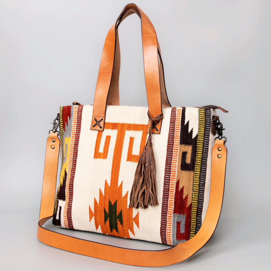 American Darling Hand Woven Saddle Blanket Western Leather Tote Bag with Tassels - Uhorse