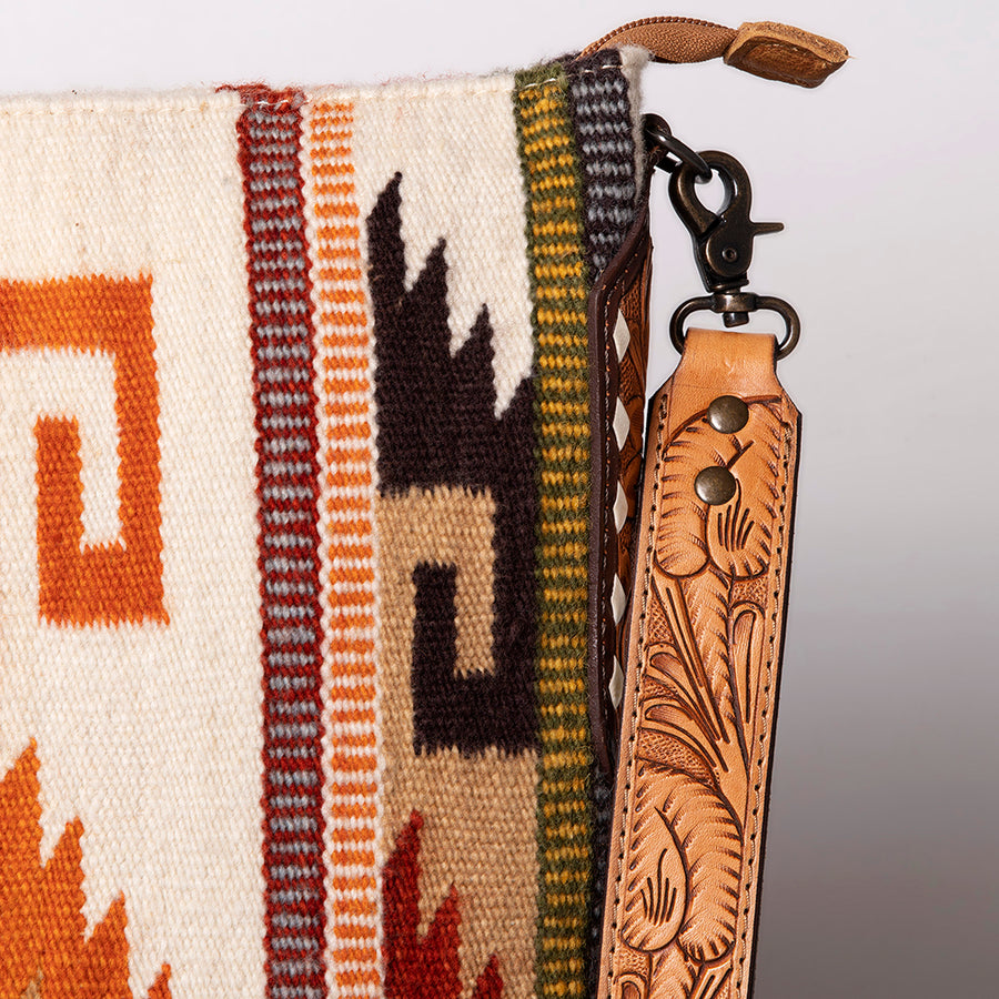 American Darling Cross body Bag Hand Woven Saddle Blanket Hand Tooled Western Leather Purse with Fringes 15in x 15in x 3in