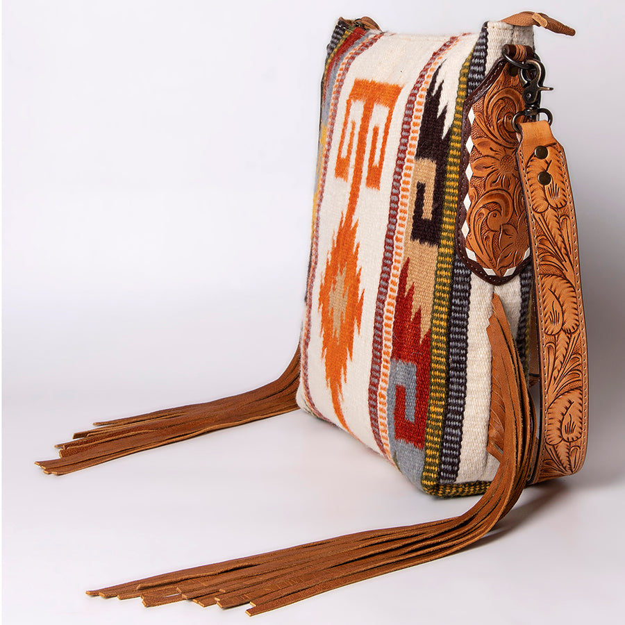 American Darling Cross body Bag Hand Woven Saddle Blanket Hand Tooled Western Leather Purse with Fringes 15in x 15in x 3in