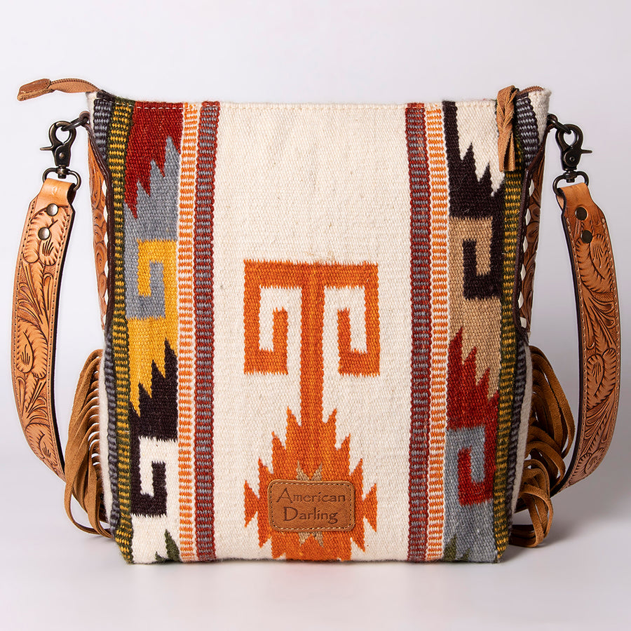 American Darling Cross body Bag Hand Woven Saddle Blanket Hand Tooled Western Leather Purse with Fringes 15in x 15in x 3in