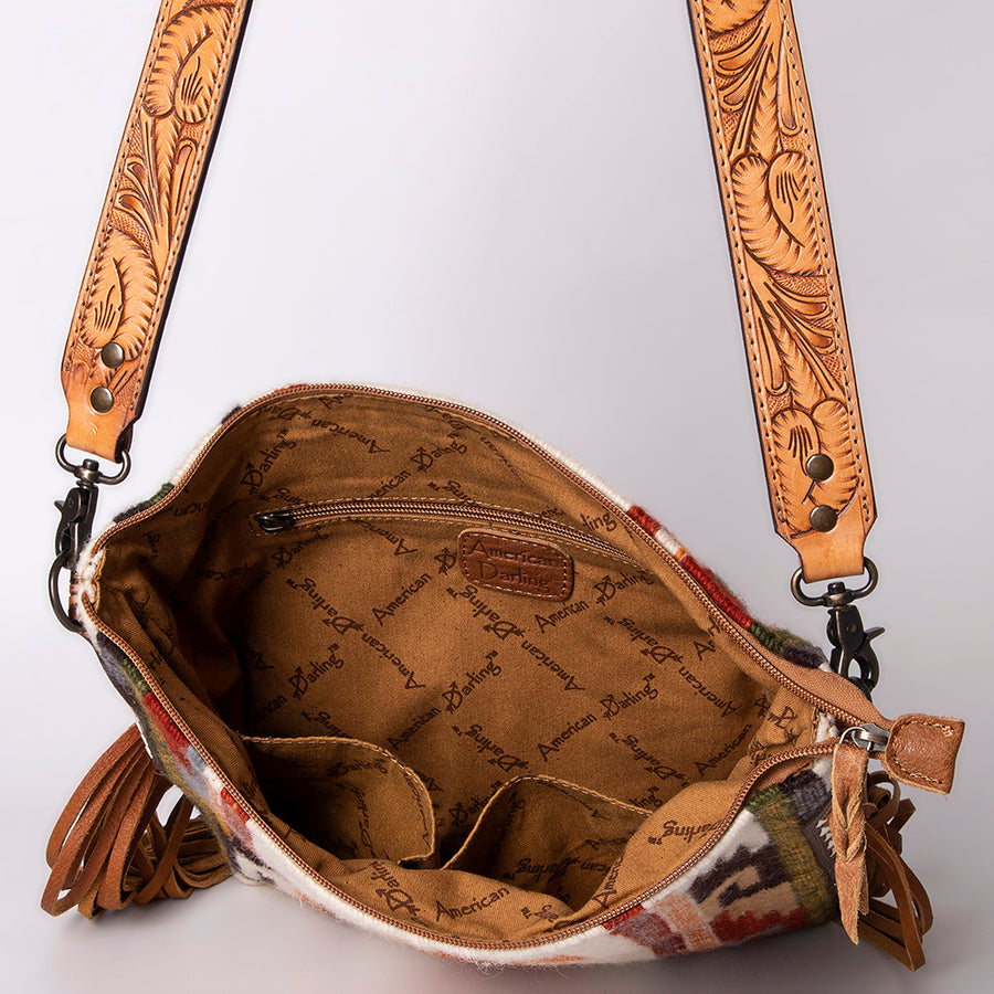 American Darling Cross body Bag Hand Woven Saddle Blanket Hand Tooled Western Leather Purse with Fringes 15in x 15in x 3in