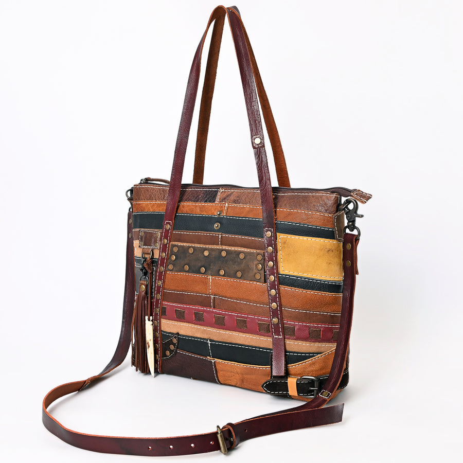 American Darling Handcrafted Leather Tote Bag Colorful Leather Stripes Western Handbag - Uhorse
