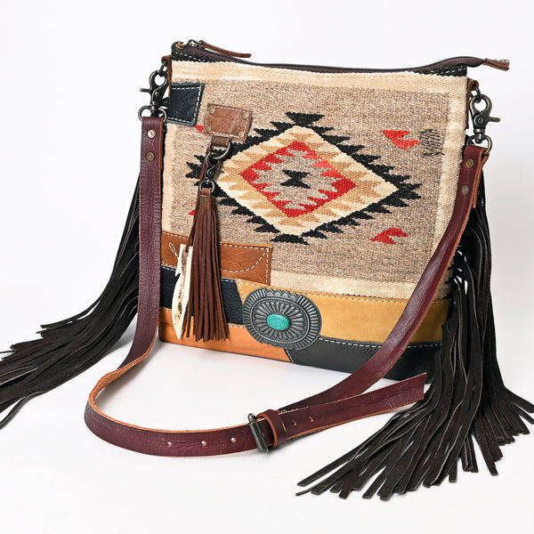 American Darling Handcrafted Leather Crossbody Bag Saddle blanket Colorful Design and Fringes Western Handbag - Uhorse