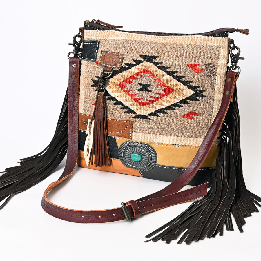 American Darling Handcrafted Leather Crossbody Bag Saddle blanket Colorful Design and Fringes Western Handbag - Uhorse