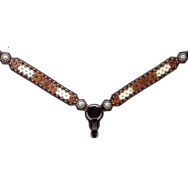 Bar H Equine Horse Genuine Leather Floral Design Breast Collar ,Headstall Brown - Uhorse