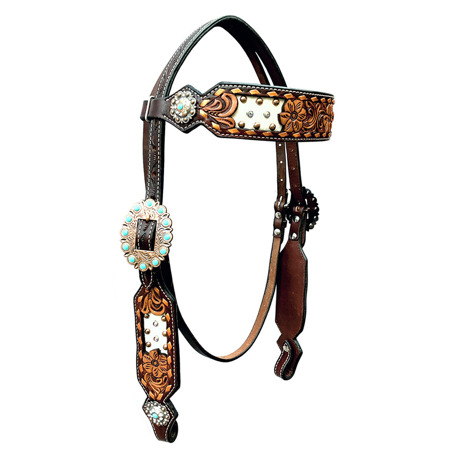 Bar H Equine Horse Genuine Leather Floral Design Headstall Brown - Uhorse
