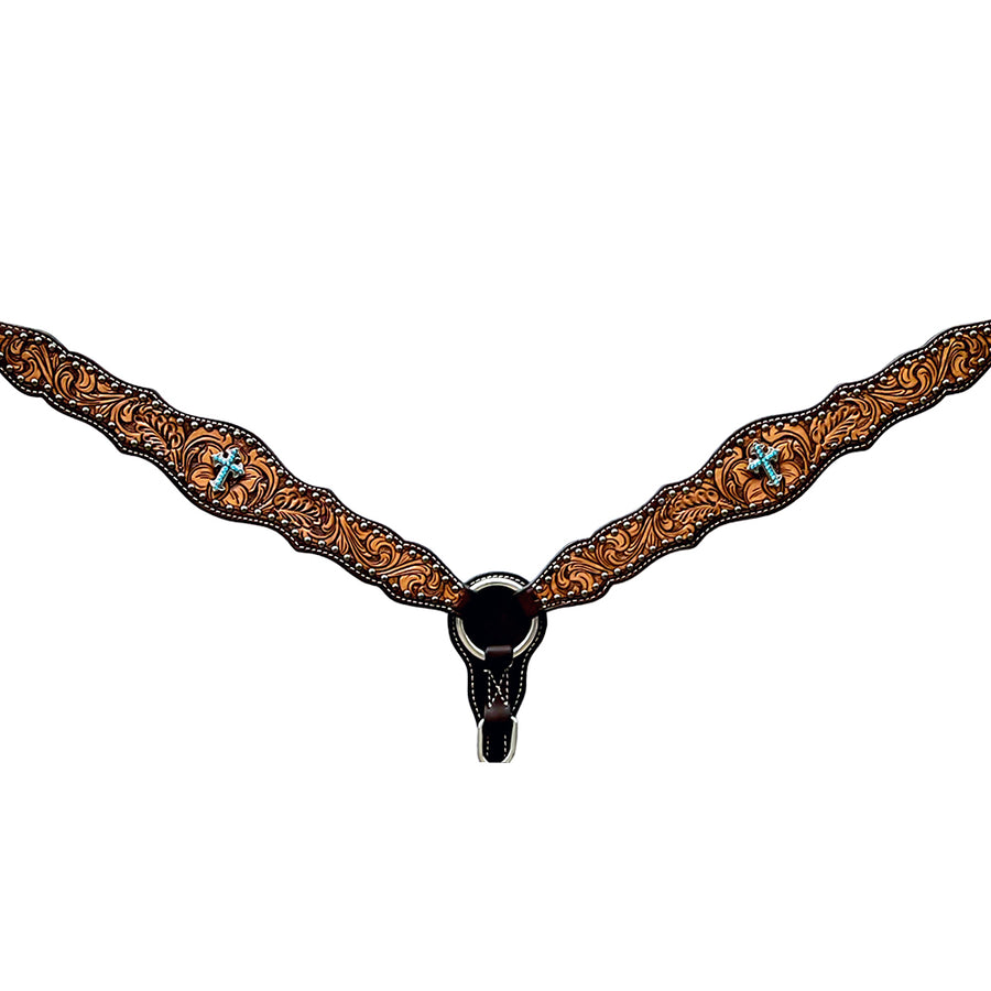 Bar H Equine Horse Genuine Leather Floral Design Breast Collar Brown - Uhorse