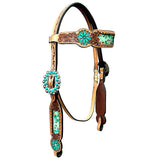 Bar H Equine Horse Genuine Leather Floral Design , Stud Breast Collar ,Headstall Brown