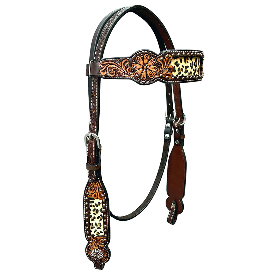 Bar H Equine Horse Genuine Leather Floral Design Headstall Brown - Uhorse