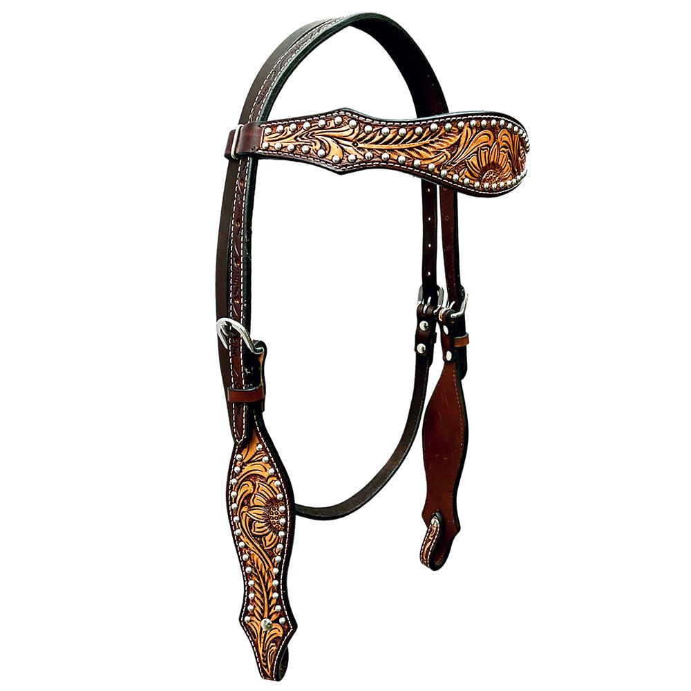 Bar H Equine Horse Genuine Leather Floral Design Breast Collar ,Headstall Brown