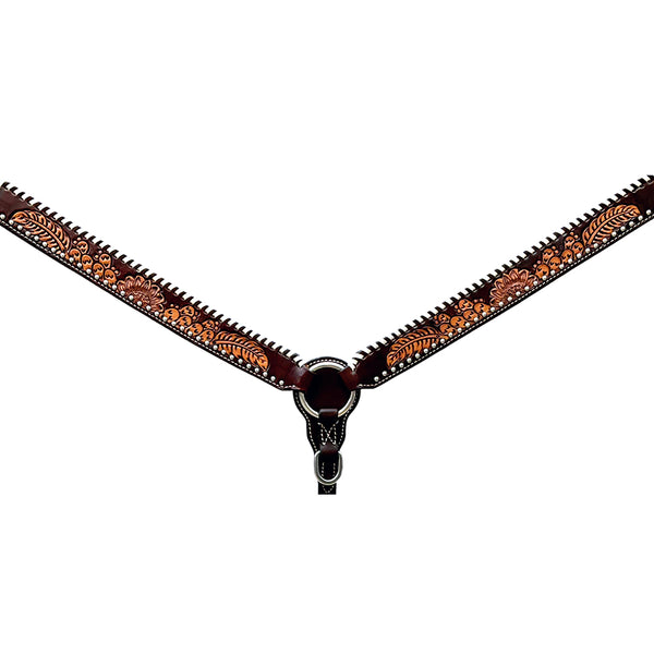 Bar H Equine Horse Genuine Leather Floral Design With Buckstitch Breast Collar ,Headstall Brown - Uhorse