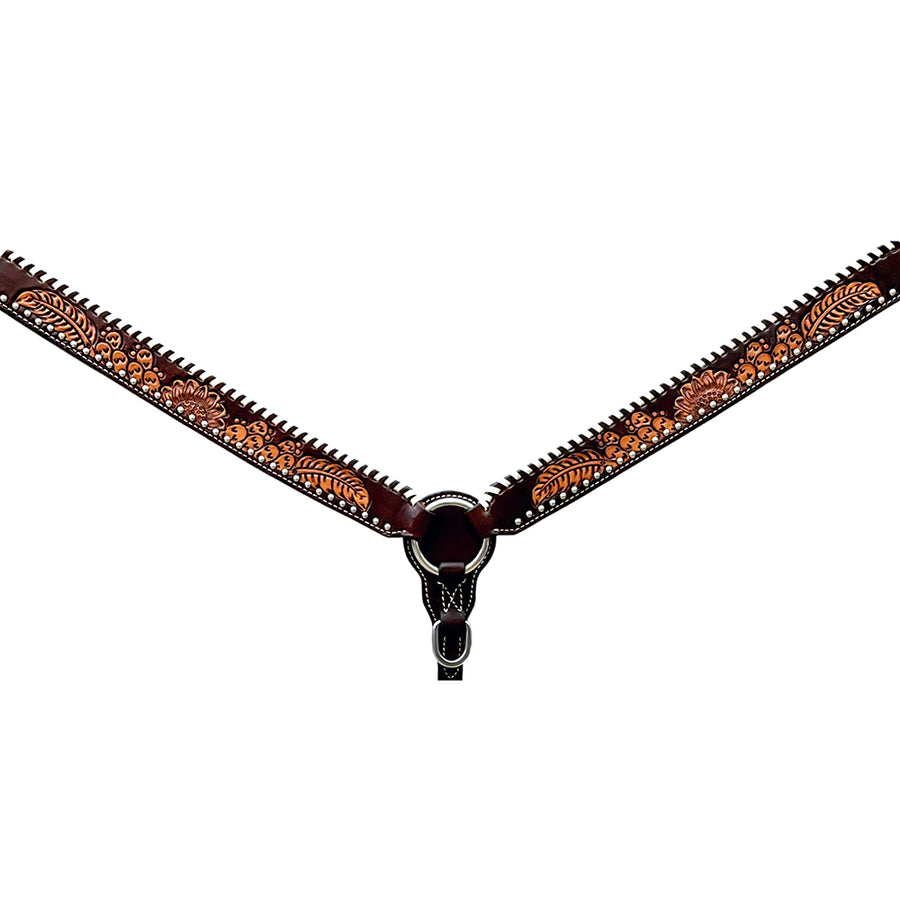 Bar H Equine Horse Genuine Leather Floral Design With Buckstitch Breast Collar Brown - Uhorse