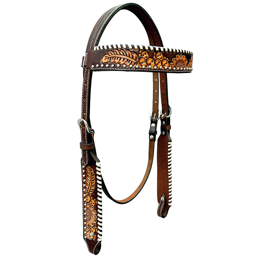 Bar H Equine Horse Genuine Leather Floral Design With Buckstitch Headstall Brown - Uhorse