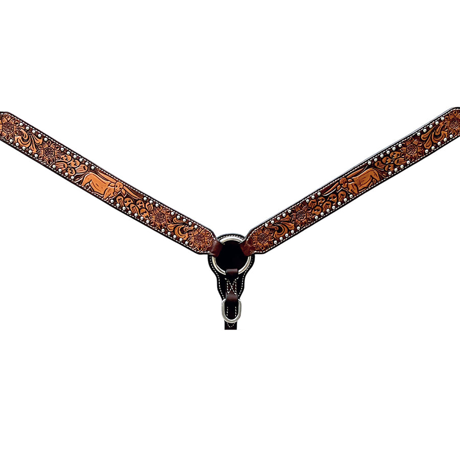 Bar H Equine Horse Genuine Leather Floral Design Breast Collar ,Headstall Brown - Uhorse