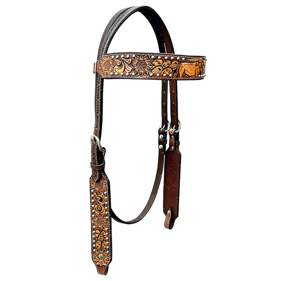 Bar H Equine Horse Genuine Leather Floral Design Headstall Brown - Uhorse