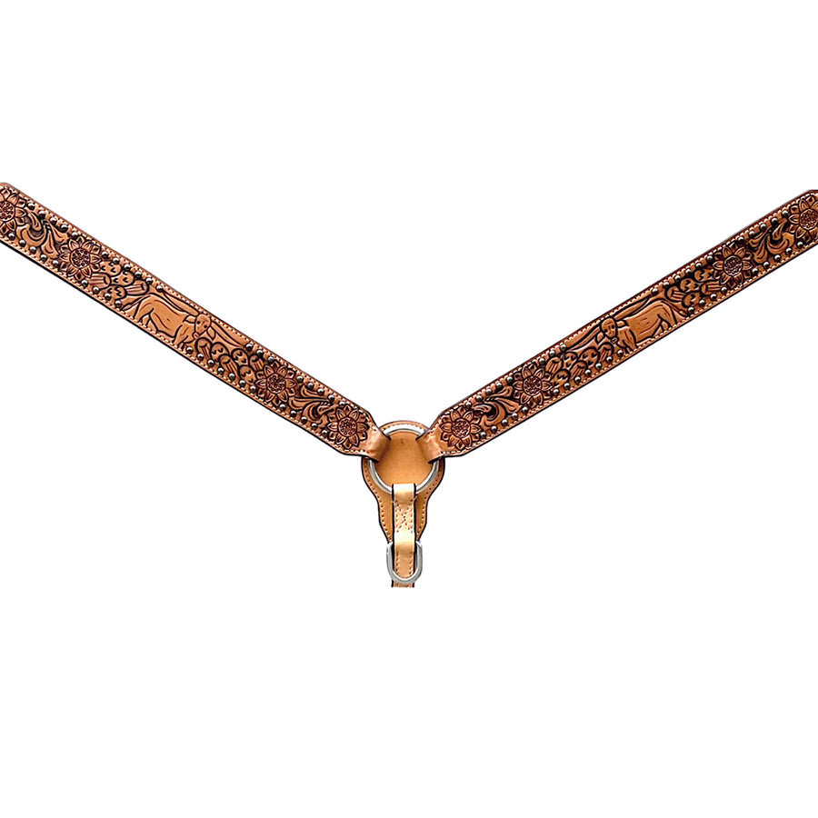Bar H Equine Horse Genuine Leather Floral Design Breast Collar ,Headstall Tan - Uhorse