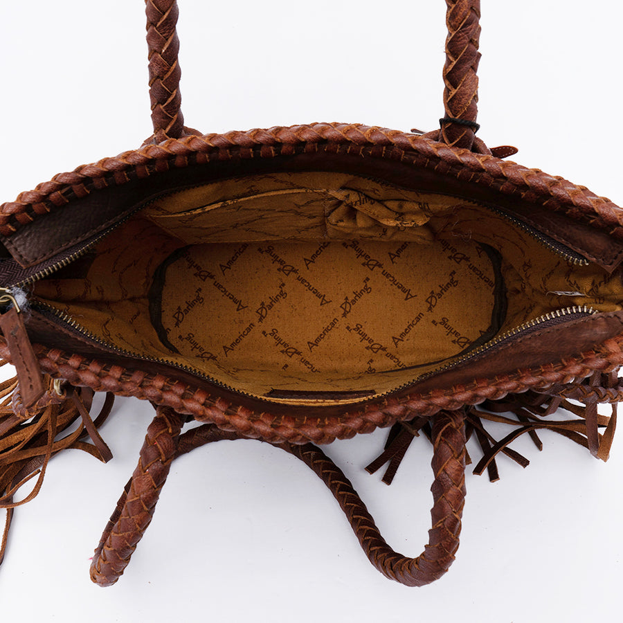 American Darling Tote Bag, Genuine Vegetable-Tanned Leather, Basket Weave Design with Fringes, Western Handcrafted Handbag