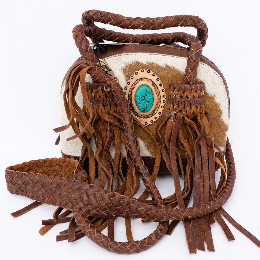 American Darling Tote Bag, Genuine Hair-On Cowhide & Leather Western Purse with Turquoise Stone & Braided Handles