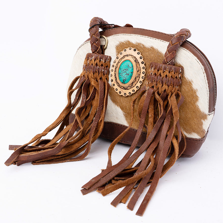 American Darling Hair-On Cowhide Tote Bag with Turquoise Stone and Fringes - Uhorse
