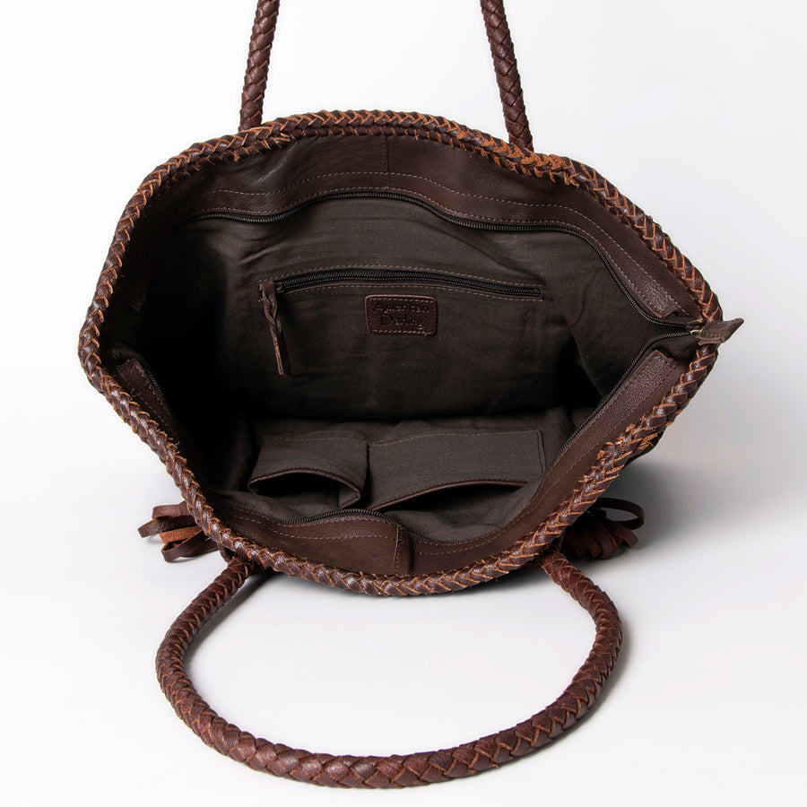 American Darling Tote Bag Western Genuine Leather Handcrafted Large Purse with Fringes and Braided Straps