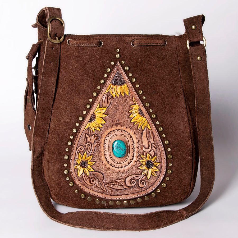 American Darling Bucket Bag Western Hand Tooled Floral Carved Suede Leather Purse with Drawstring and YKK Zipper