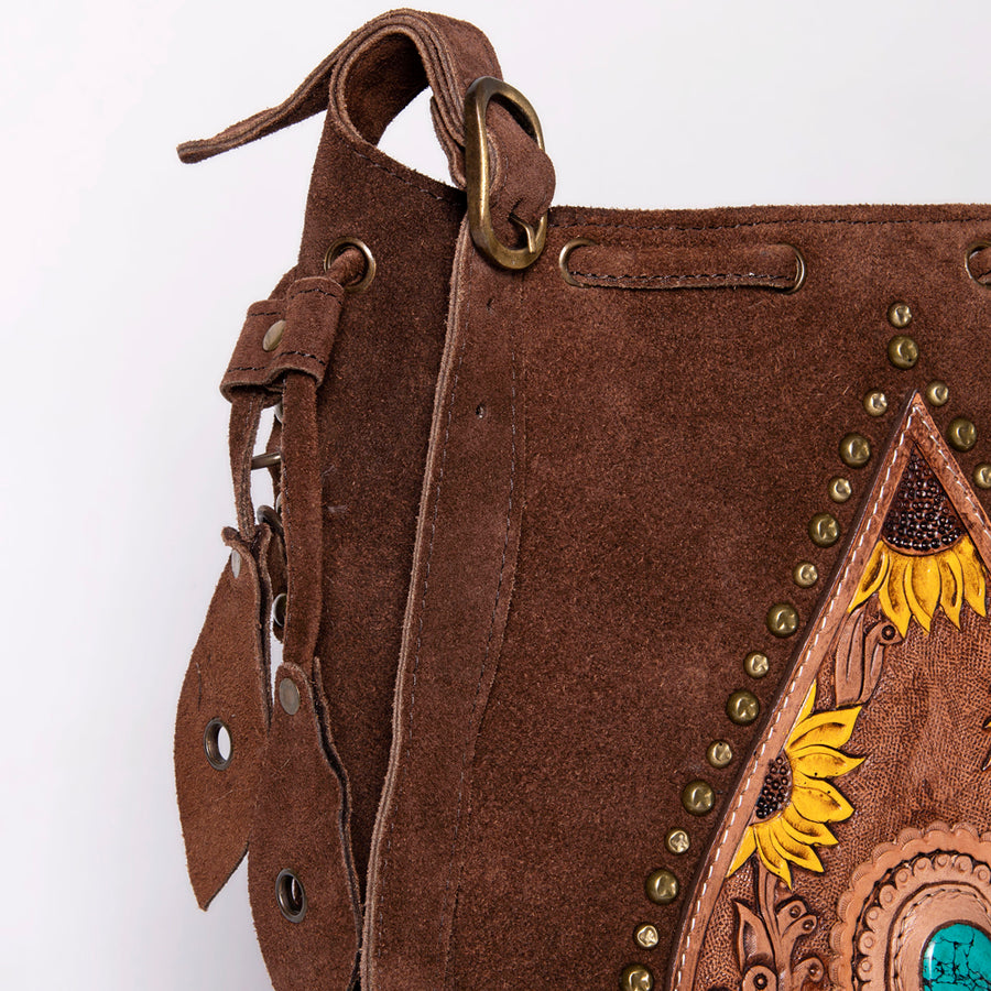 American Darling Bucket Bag Western Hand Tooled Floral Carved Suede Leather Purse with Drawstring and YKK Zipper