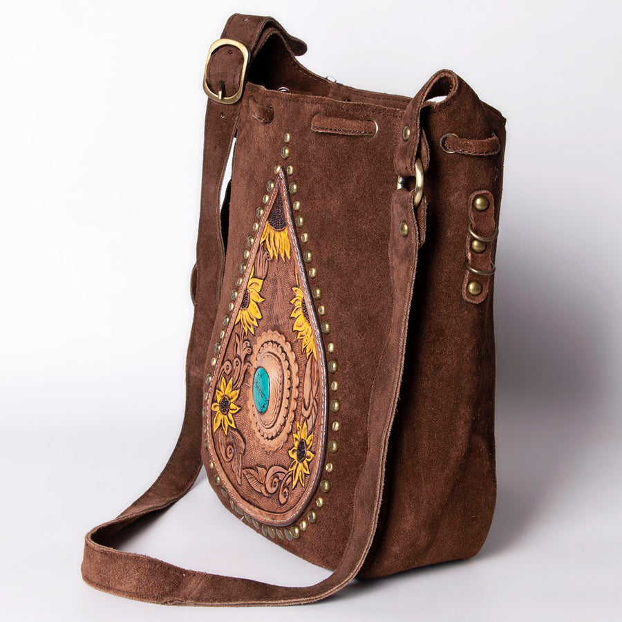 American Darling Bucket Bag Western Hand Tooled Floral Carved Suede Leather Purse with Drawstring and YKK Zipper