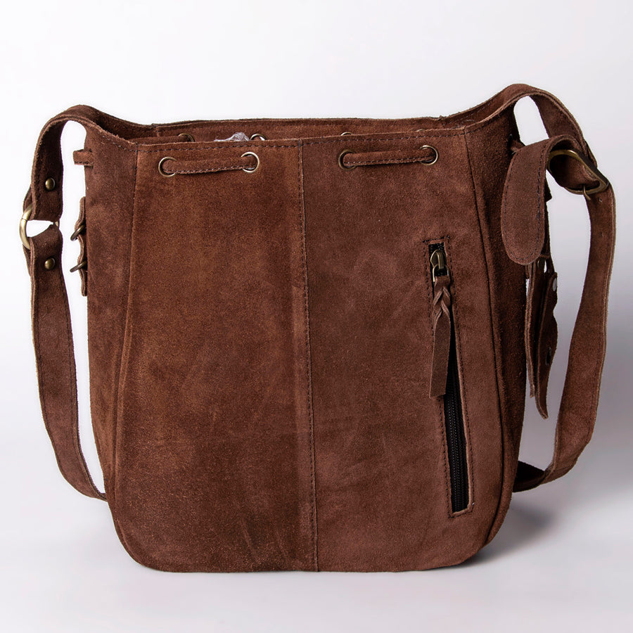 American Darling Bucket Bag Western Hand Tooled Floral Carved Suede Leather Purse with Drawstring and YKK Zipper