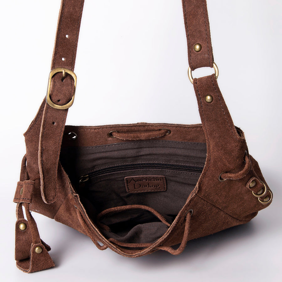American Darling Bucket Bag Western Hand Tooled Floral Carved Suede Leather Purse with Drawstring and YKK Zipper