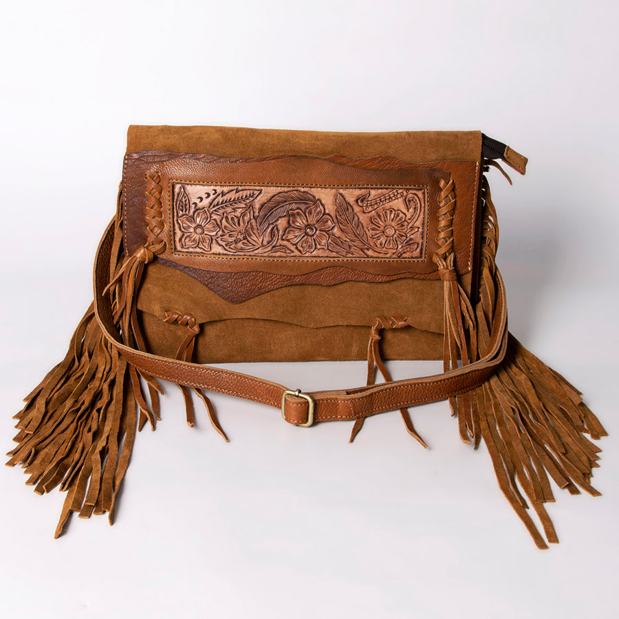 American Darling Small Cross body Bag Western Hand Tooled Floral Carved Genuine Leather Purse with Fringes and Braided Detail