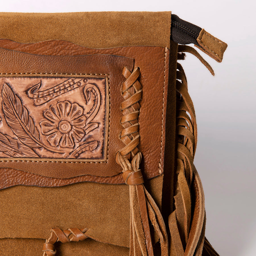 American Darling Small Cross body Bag Western Hand Tooled Floral Carved Genuine Leather Purse with Fringes and Braided Detail