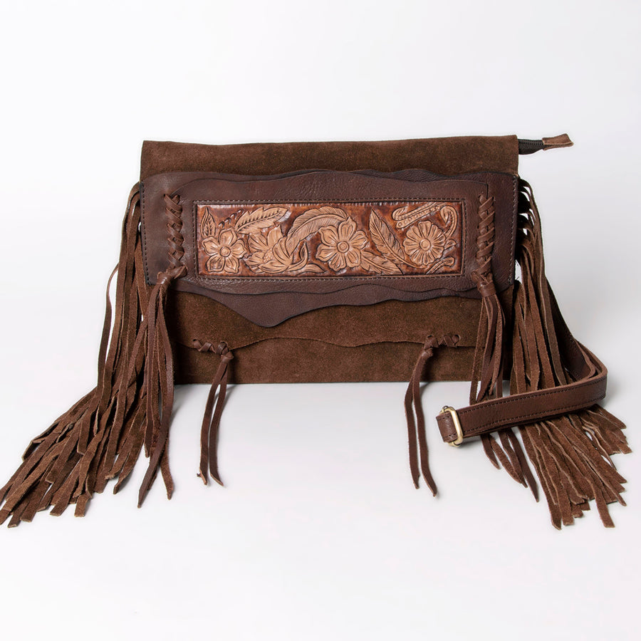 American Darling Small Cross body Bag Western Hand Tooled Floral Carved Genuine Leather Purse with Fringes and Braided Detail