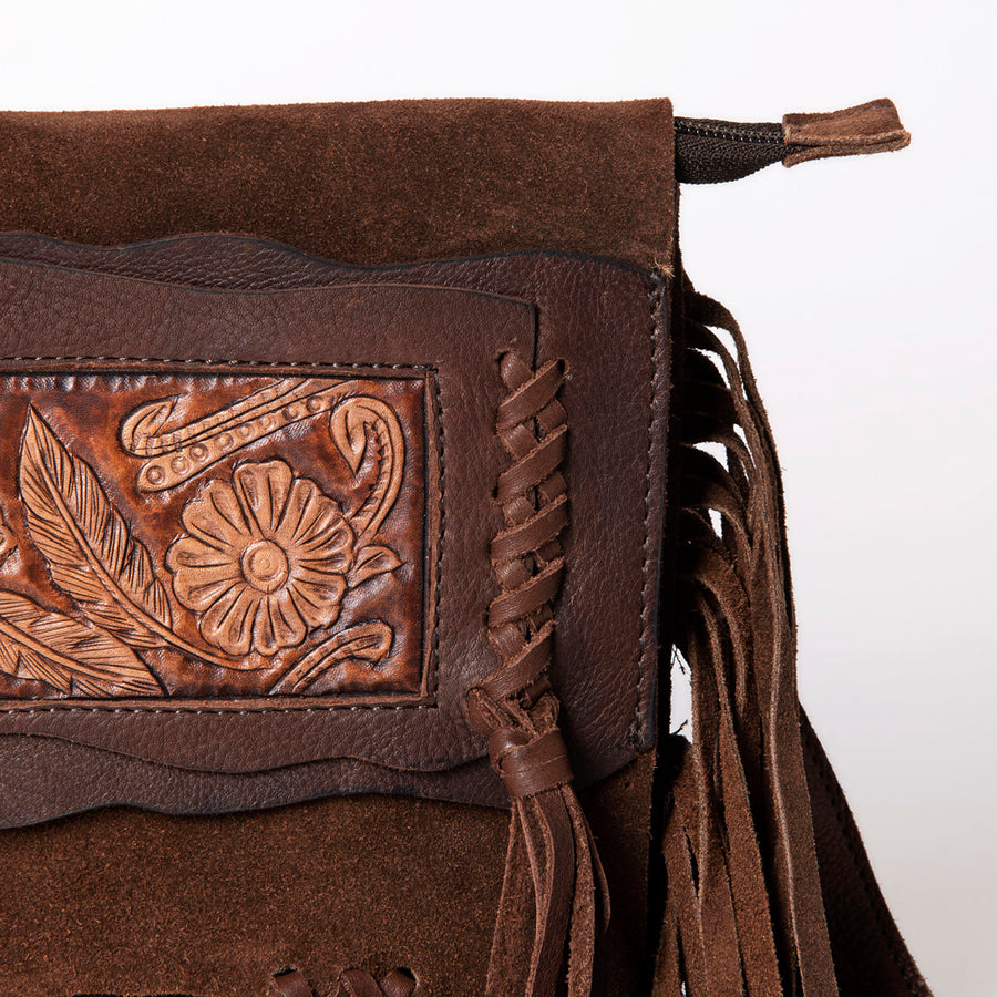 American Darling Small Cross body Bag Western Hand Tooled Floral Carved Genuine Leather Purse with Fringes and Braided Detail