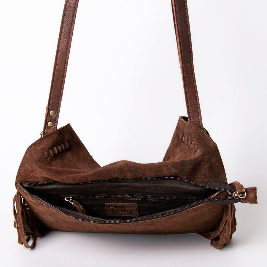 American Darling Small Cross body Bag Western Hand Tooled Floral Carved Genuine Leather Purse with Fringes and Braided Detail