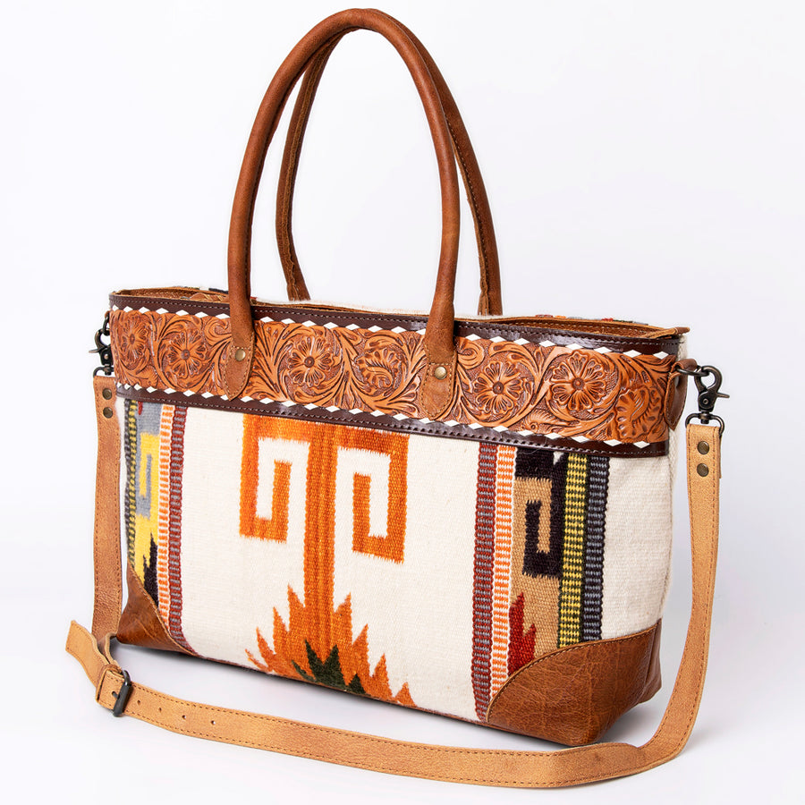American Darling Western Tote Bag Hand Tooled Floral Carved with Hand Woven Saddle Blanket - Uhorse