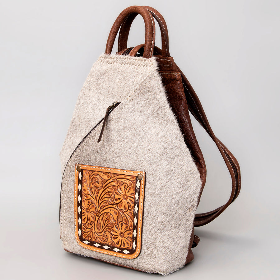 American Darling Western Backpack with Hand Tooled Floral Leather and Hair-On Cowhide - Uhorse