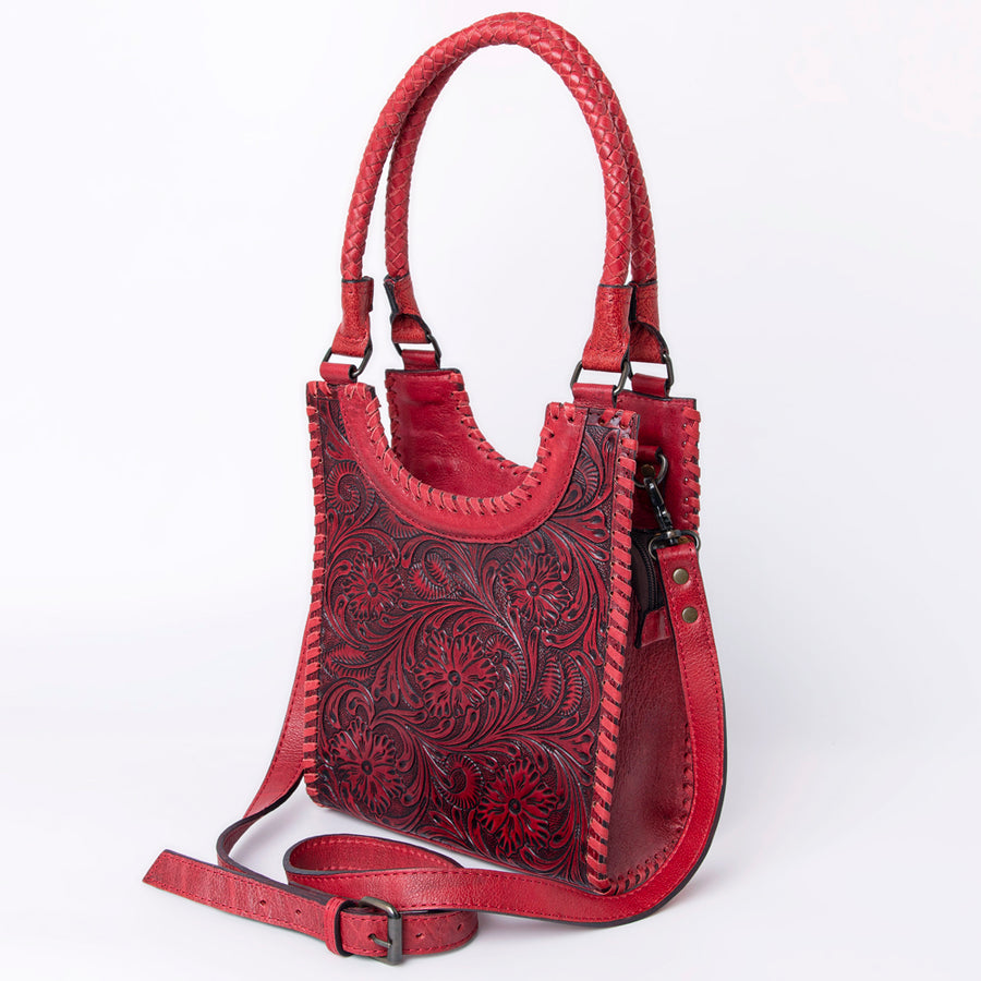 handcrafted leather western hobo bag with floral tooling and crossbody strap